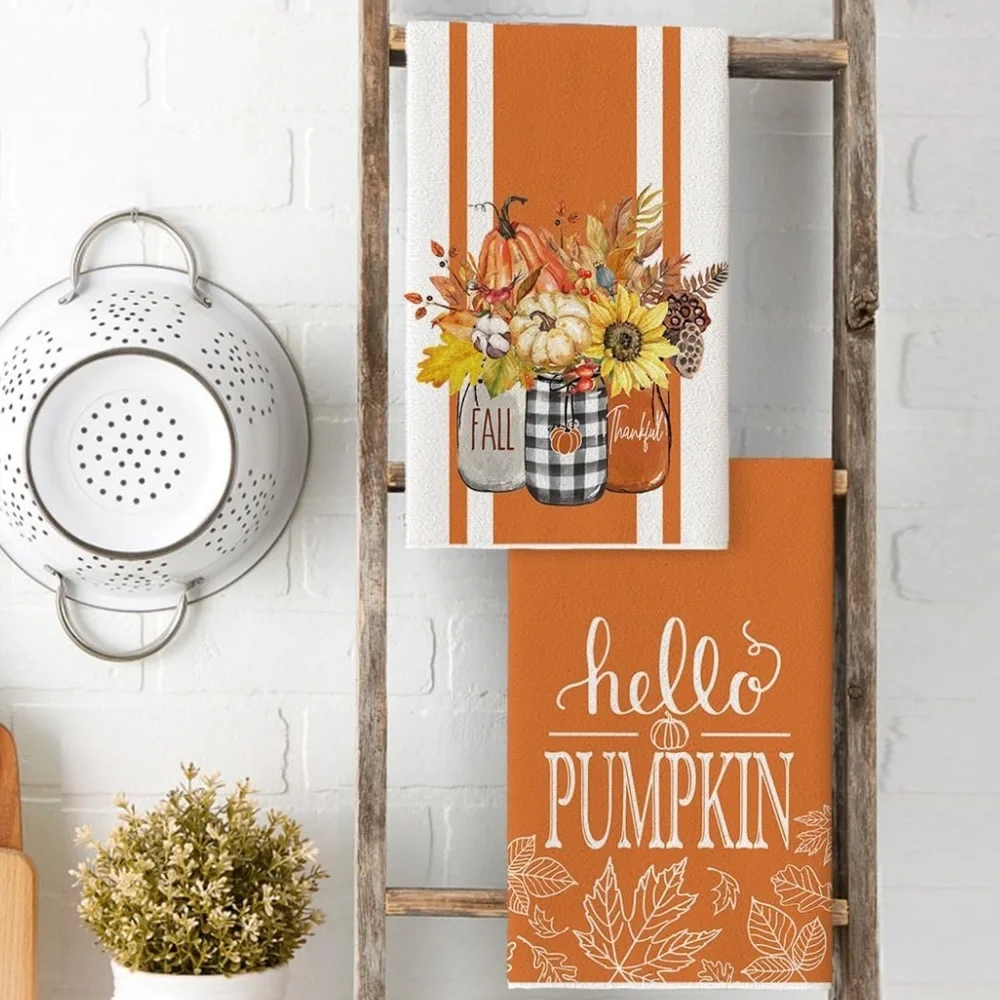 Set of 2 Hello Pumpkin Fall Kitchen Towels , 18x26 Inch Seasonal Hand Towels